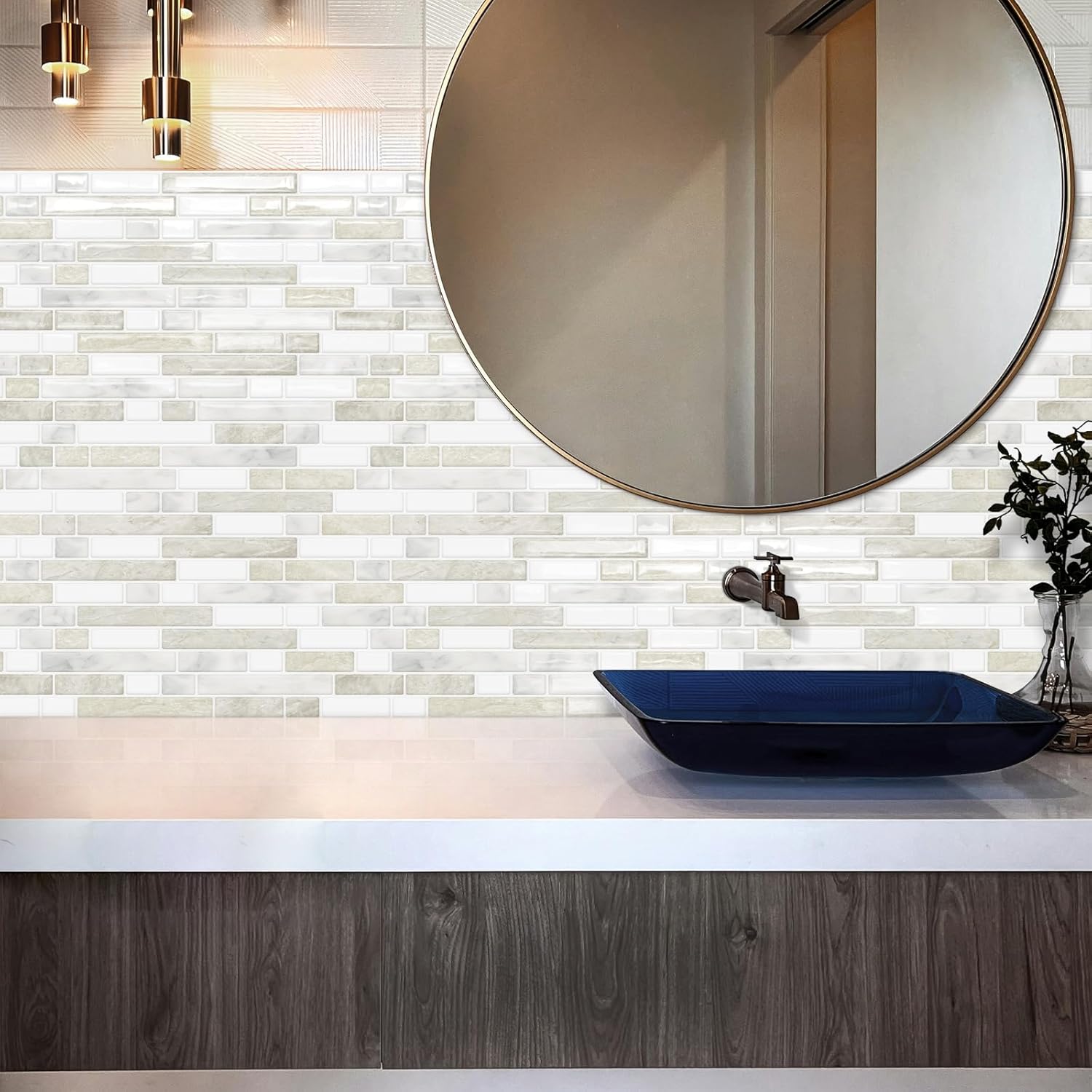Thick Kitchen Backsplash 3D Peel and Stick Tile 12"x12" Self Adhesive Sticky Marble Tiles Bathroom Wall (10-Sheet，Beige White)