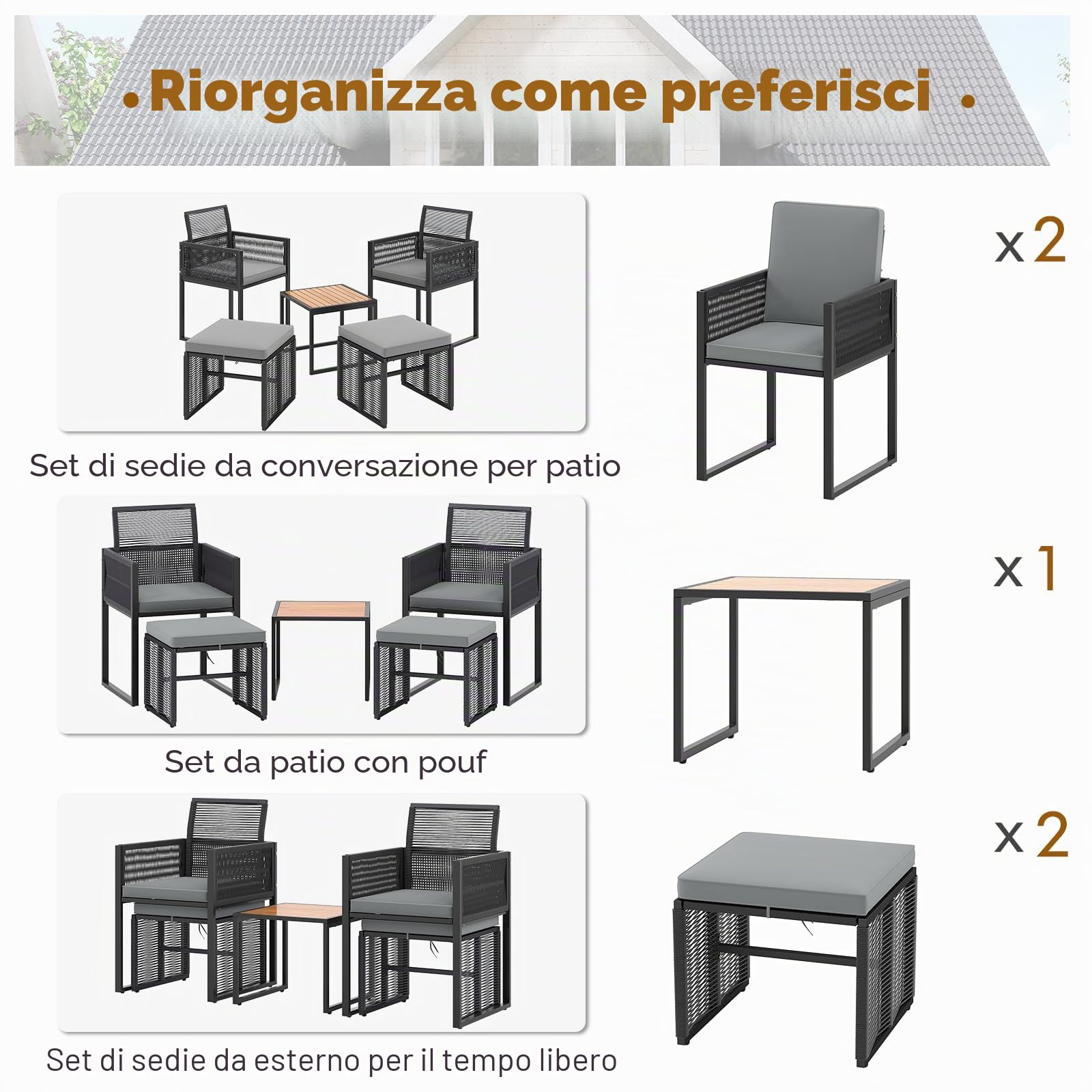 GIANTEX Set di Mobili da Giardino in Rattan per 2-4 Persone, Tavolo da Giardino con Piano in Legno e 2 Sedie (Capacità 180 kg), 2 Sgabelli, 4 Cuscini Rimuovibili, Arredamento da Giardino per Patio