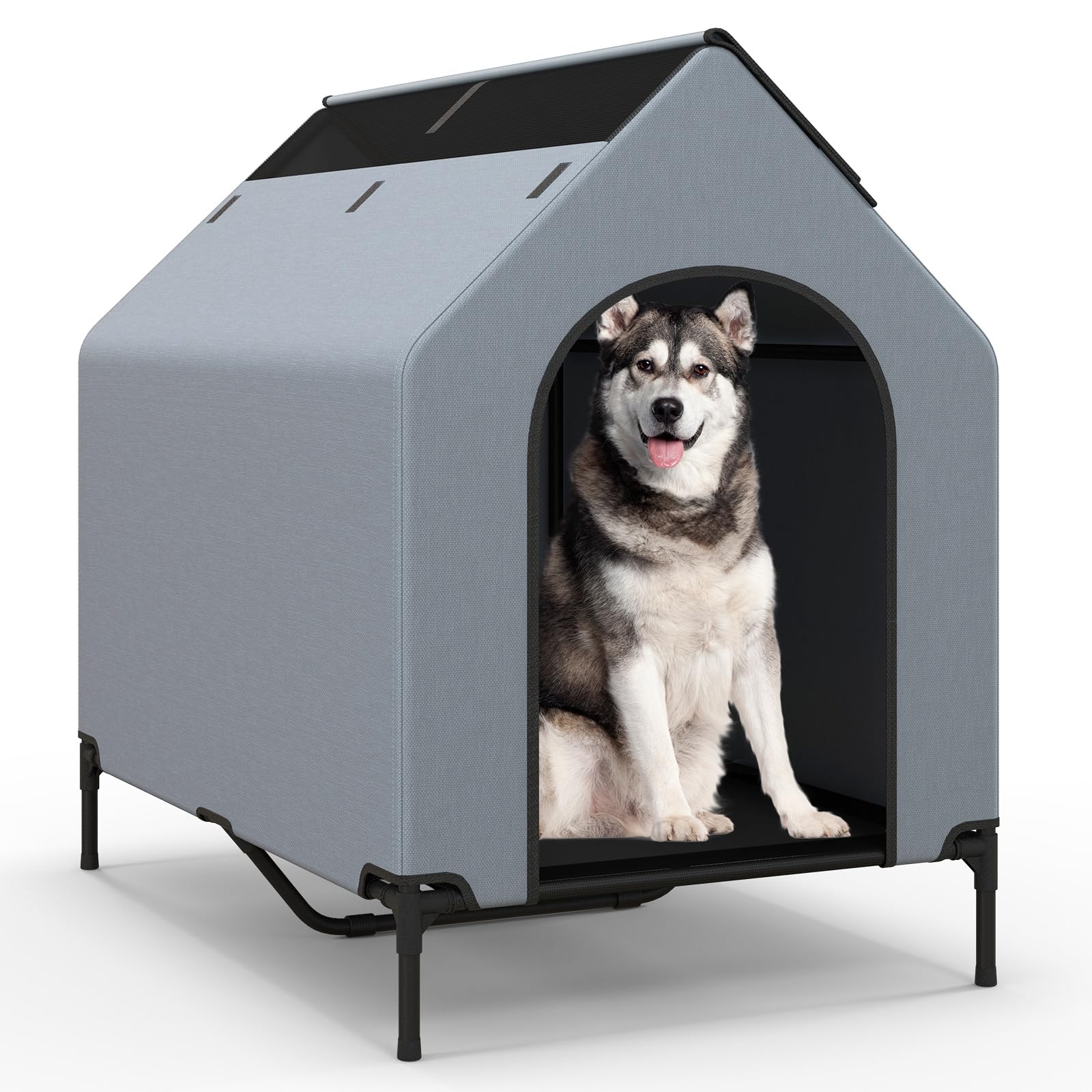COSTWAY 2 en 1 Niche pour Chien Exteriéur Intérieur, 75x110x106 cm, Fenêtre Ventilée, Housse Amovible, Chenil pour Chien Exterieur, Tissu Oxford, Base Surélevée, pour Moyen Grand, Capacité 40 kg