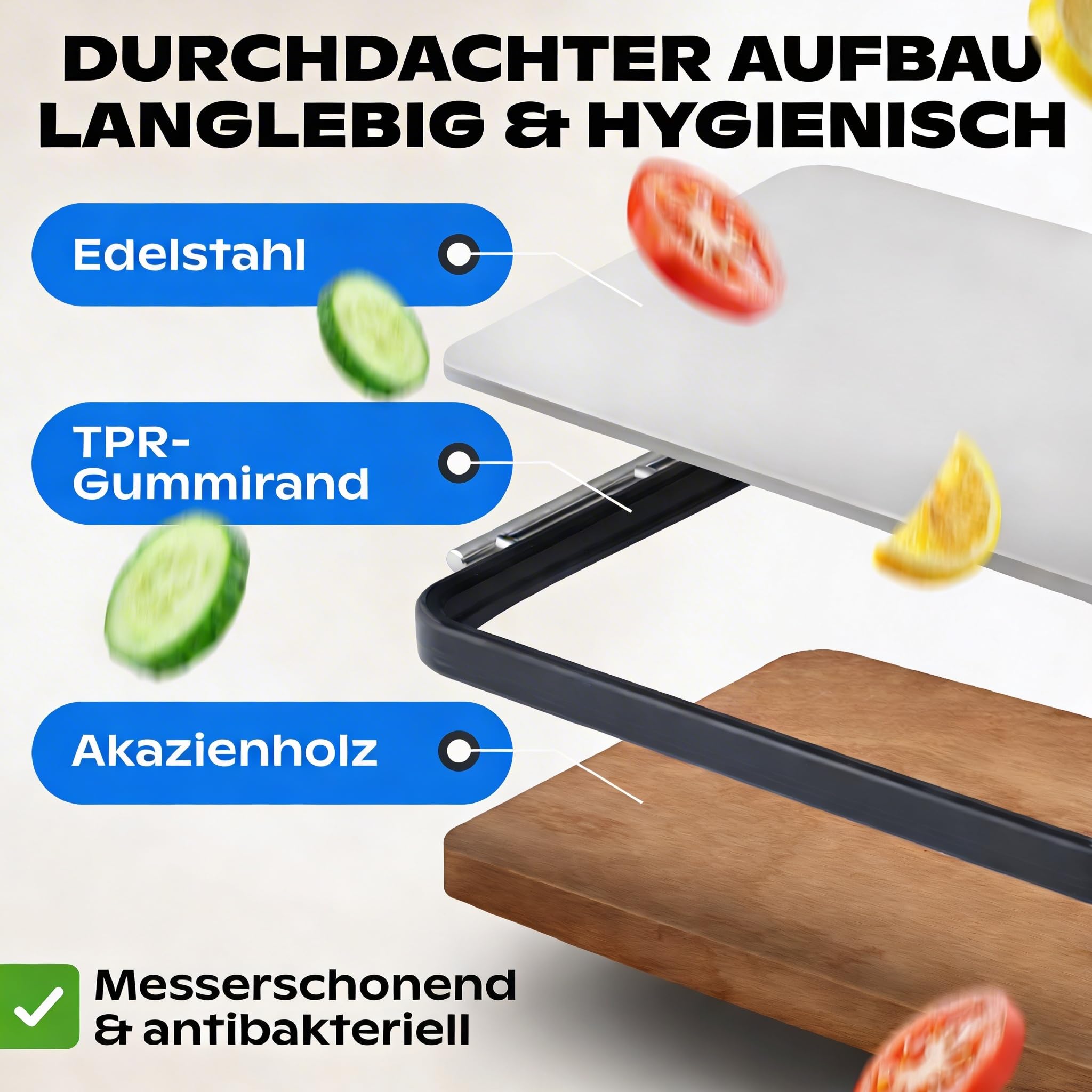 Doppelseitiges Schneidebrett Holz & Edelstahl – 2-in-1 Küchenbrett | Rutschfestes Cutting Board, Groß mit Saftrille & Anti-Slip-Rahmen | Schneidewerk
