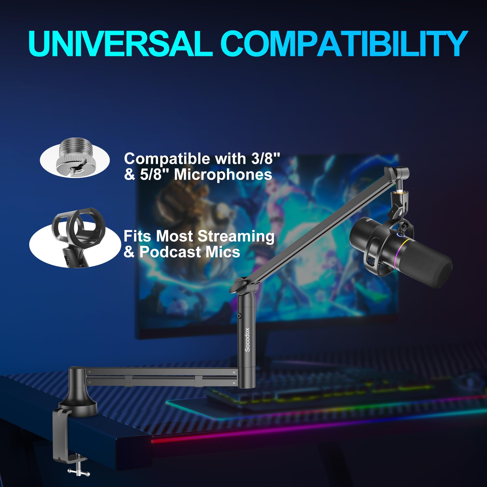 Brazo de Micrófono a Bajo Perfil – Negro, Carga 2kg, Abrazadera 7cm | Compatible con Blue Yeti, Adaptadores 3/8" & 5/8" Incluidos, para Streaming, Podcast & Gaming