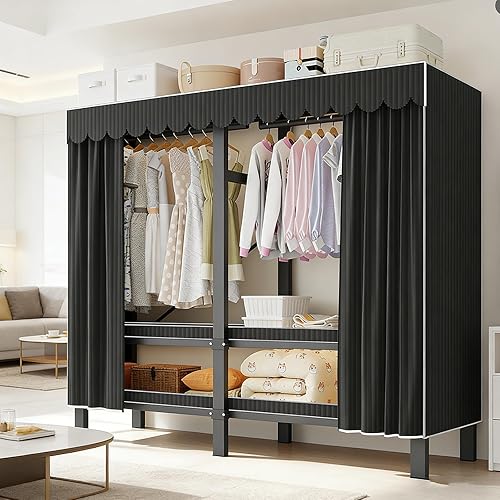 Miniatura 3 de Armario portátil plegable de 59.1 pulgadas para colgar ropa, perchero resistente con cubierta, percheros plegables de metal independientes, armario