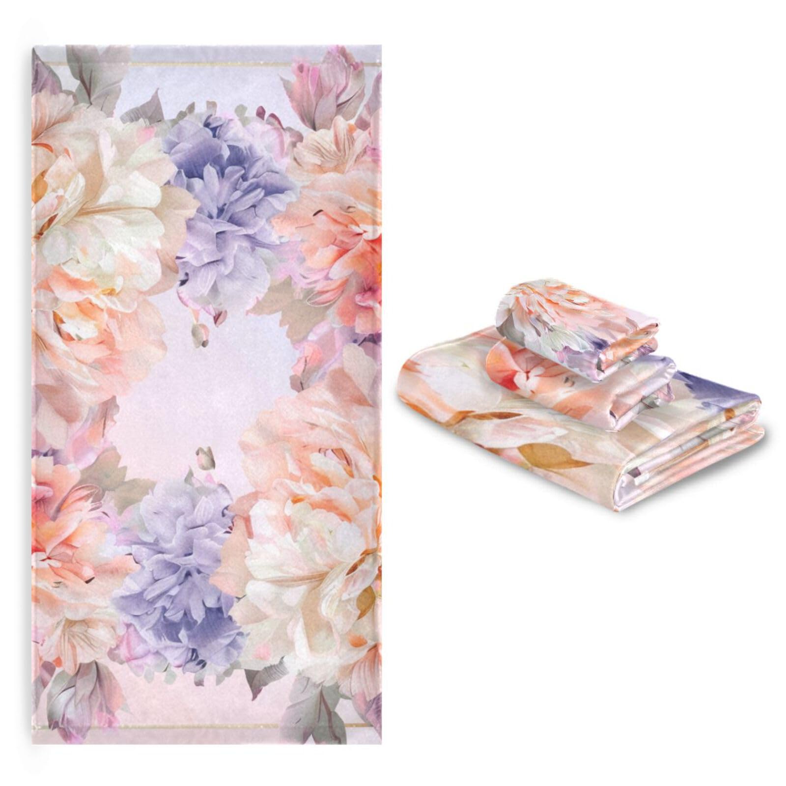 Set di 3 asciugamani da viso con fiori di peonia e fiori di peonia, ad asciugatura rapida, 1 asciugamano da bagno, 1 asciugamano per le mani, 1 panno per la casa, la cucina e la famiglia