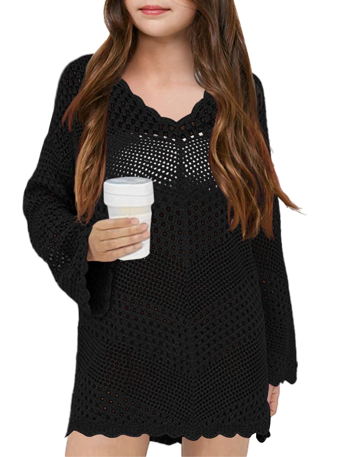 Girl Cover Up Crochet Swimwear V Neck Knit Long Sleeves Summer Beachwear Cover Tops