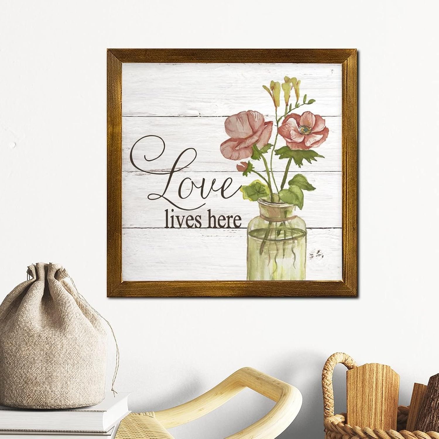Love Lives Here Framed Wood Signs Spring Orchid Flower in Vase Welcome Sign Farmhouse French Floral Home Wall Decoration for Grandpa Papa Dad Boyfriend Teacher 12x12 inch