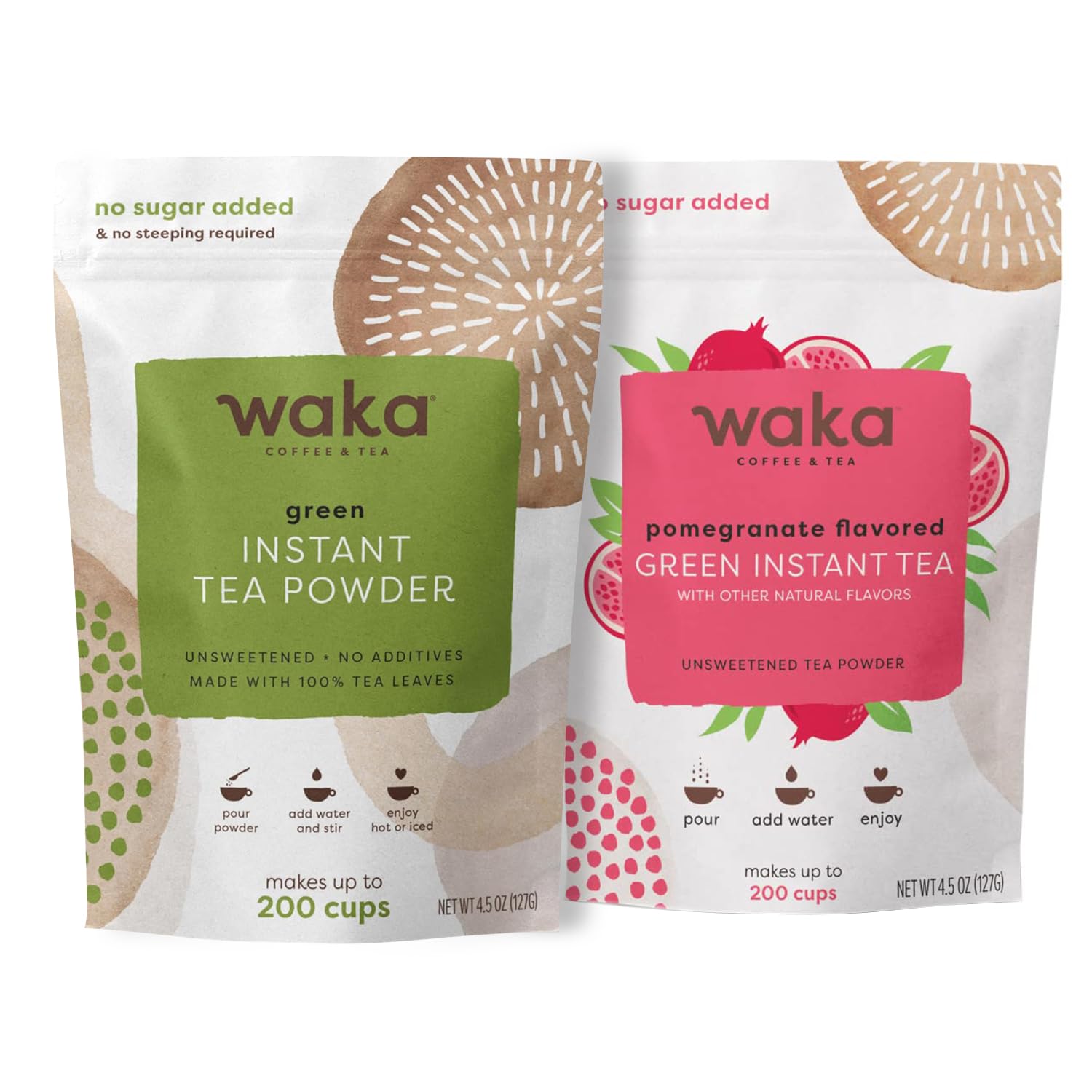 Waka Premium Instant Tea — No Sugar Added & Unsweetened Concentrated Tea Powder (Green & Pomegranate)