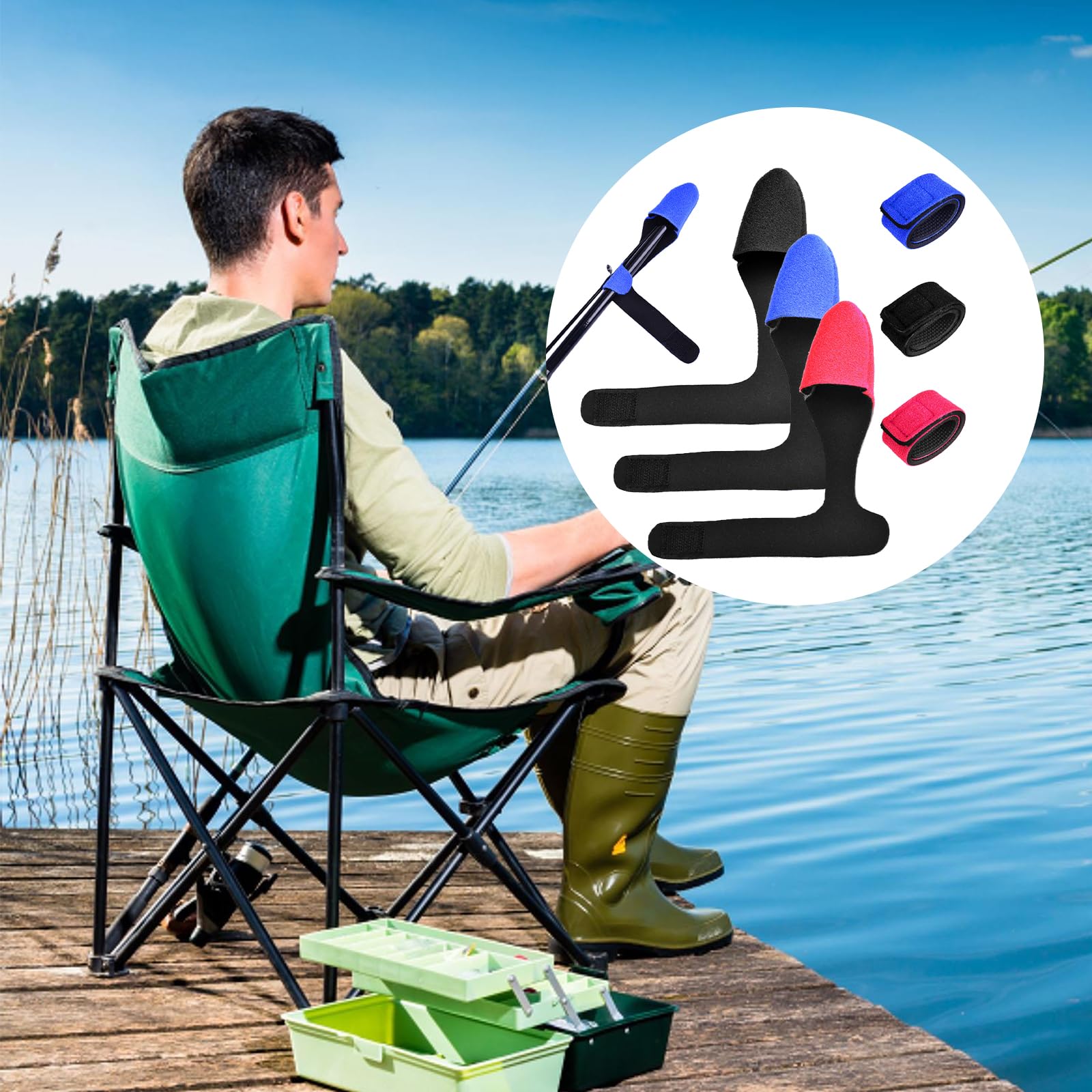 Lot De 12 Sangles De Canne à Pêche – Antidérapantes, Réglables, Avec Bandes Velcro Et Capuchons De Protection (noir, Bleu, Rouge)