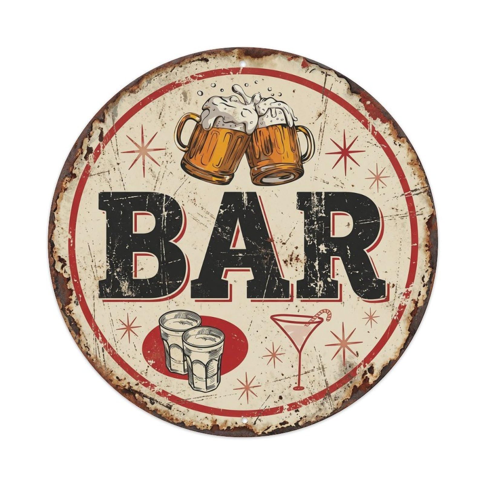 BAR Round Vintage Pub Ornament Metal Tin Sign Plaque Wall Decor for Cafe, Club Bar, Office, Home Garden Round Metal Poster 8x8Inch