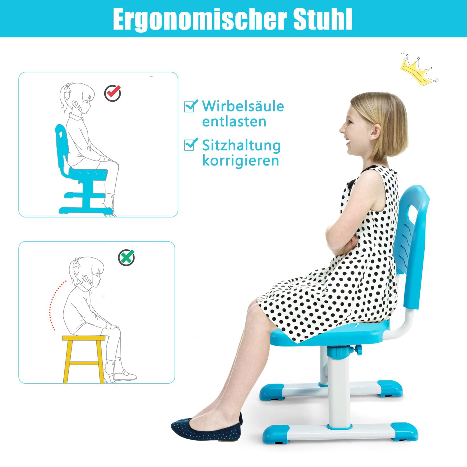 GOPLUS Kinderschreibtisch höhenverstellbar, Kindertisch und Stuhl mit Bücherständer & LED-Licht, Scülerschreibtisch mit neigbarer Tischplatte & Schublade, Jugendschreibtisch mit Stuhl (Blau)