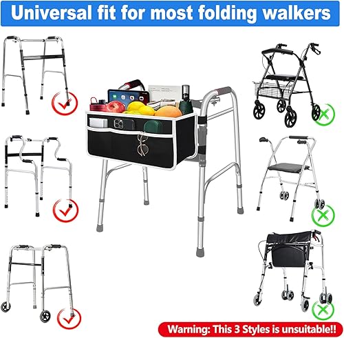 Miniatura 5 de Bolsa plegable equipada con 6 correas elásticas, más fuerte que otras cestas para andar, cesta para andador con múltiples bolsillos y nunca se