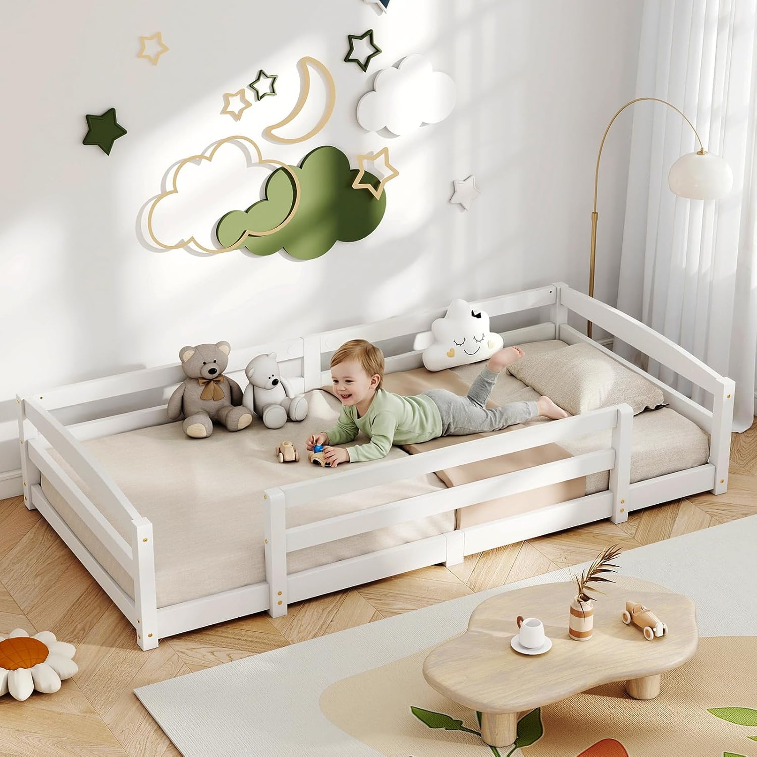 NAIZEA Twin Floor Bed for Kids,Wooden Montessori Floor Bed,Toddler Twin Beds Frame for Girls and Boys,White