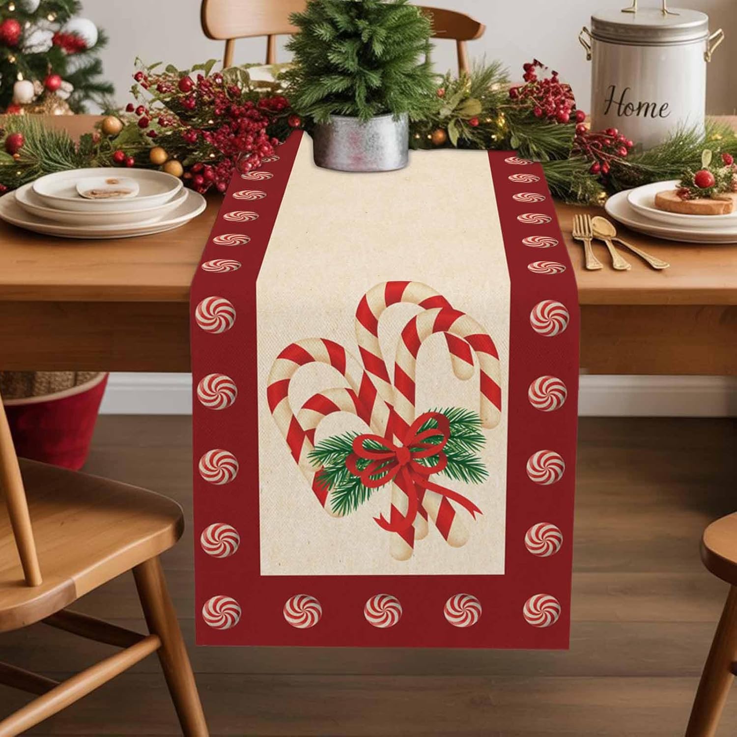 Christmas Table Runner 120 Inches Long Candy Cane Table Runners 13 x 120 Inches Christmas Candy Pine Leaves Kitchen Dining Table Decoration Home Decor for Dresser Party Holiday