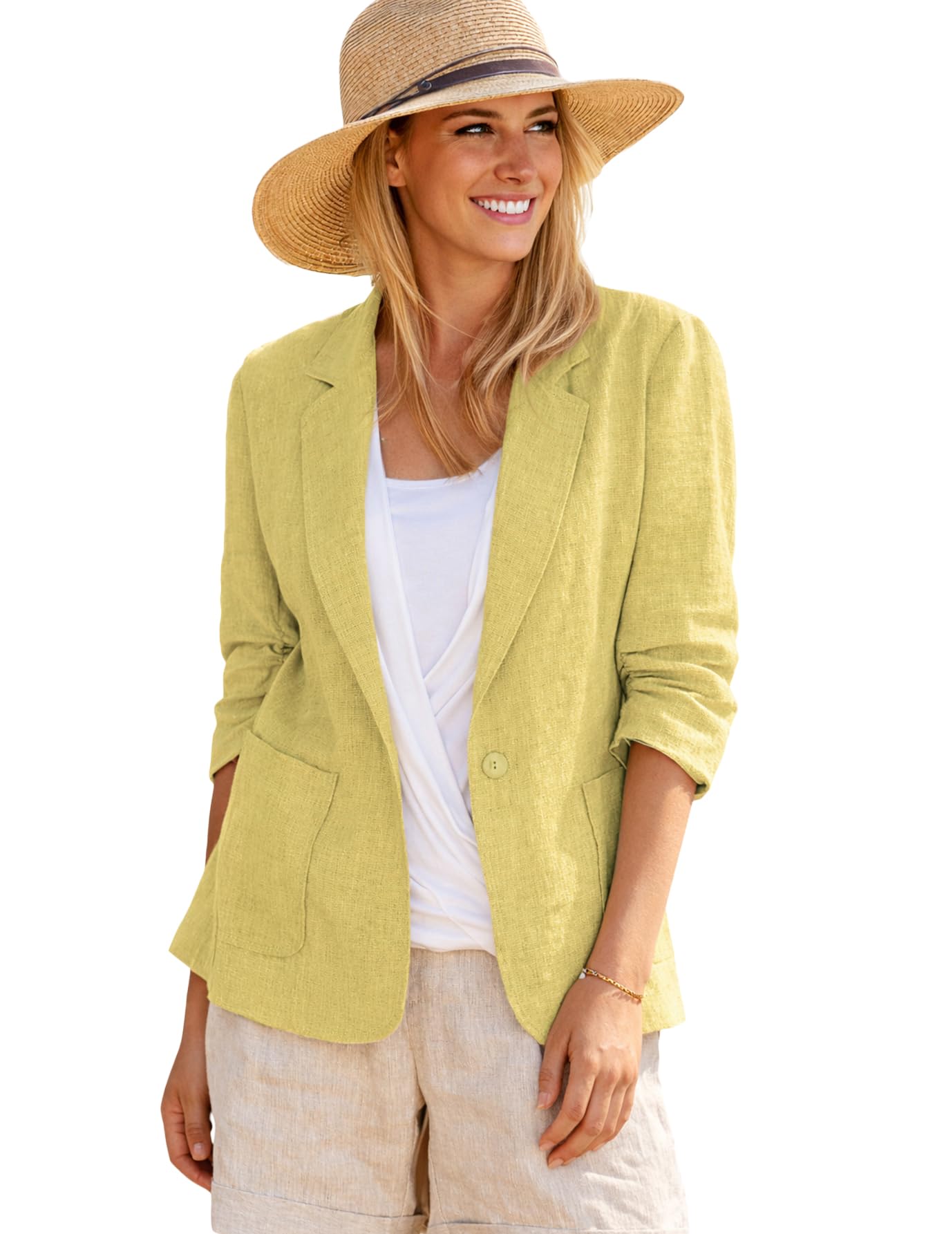 Mina Self 2026 Summer Women’s Linen Blazer Jacket - Lightweight Breathable 3/4 Stretchy Ruched Sleeve Casual Work with Pocket