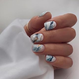 MERVF Square Press on Nails Short Fake Nails Blue Marbling Beach Sqouval Glue ons with Wave Design Acrylic False Nails 24pcs Glossy