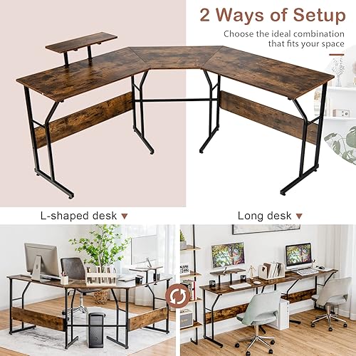 Miniatura 7 de Tangkula Escritorio reversible en forma de L, estación de trabajo larga para computadora para 2 personas con soporte para monitor móvil, escritorio