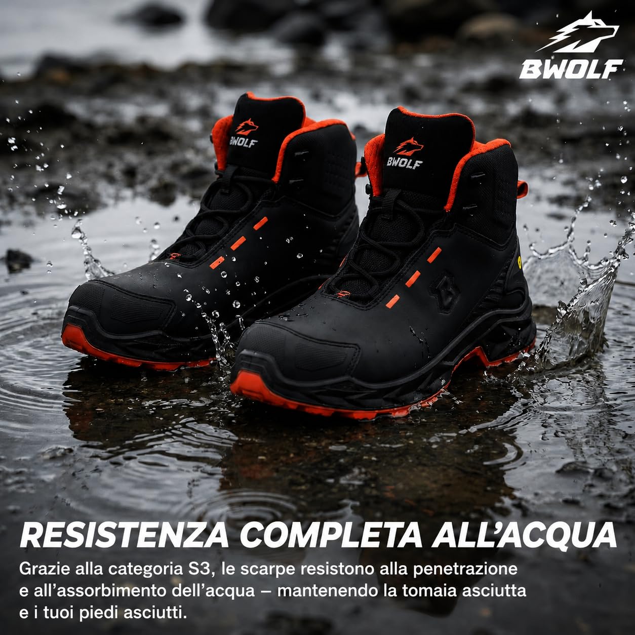 BWOLF FALCON HI S3S Scarpe da lavoro da uomo – Pelle liscia nera, cappuccio in alluminio, intersuola in kevlar, protezione ESD