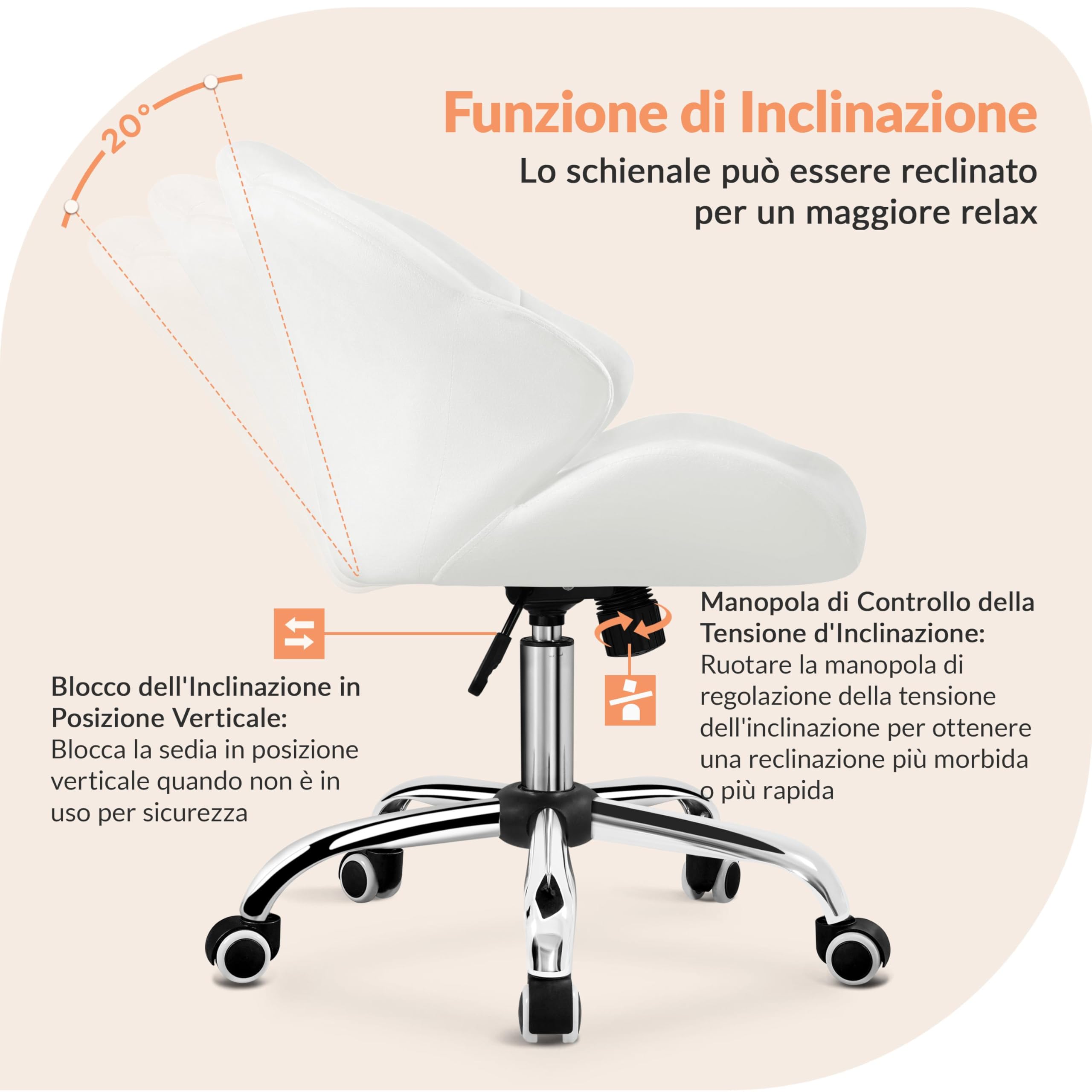 Yaheetech Sedia Ufficio Scrivania Cameretta Bianca Senza Braccioli Ergonomica in Velluto con Ruote Girevole Altezza Regolabile Schienale Design Conchiglia Imbottito Portata 136 KG