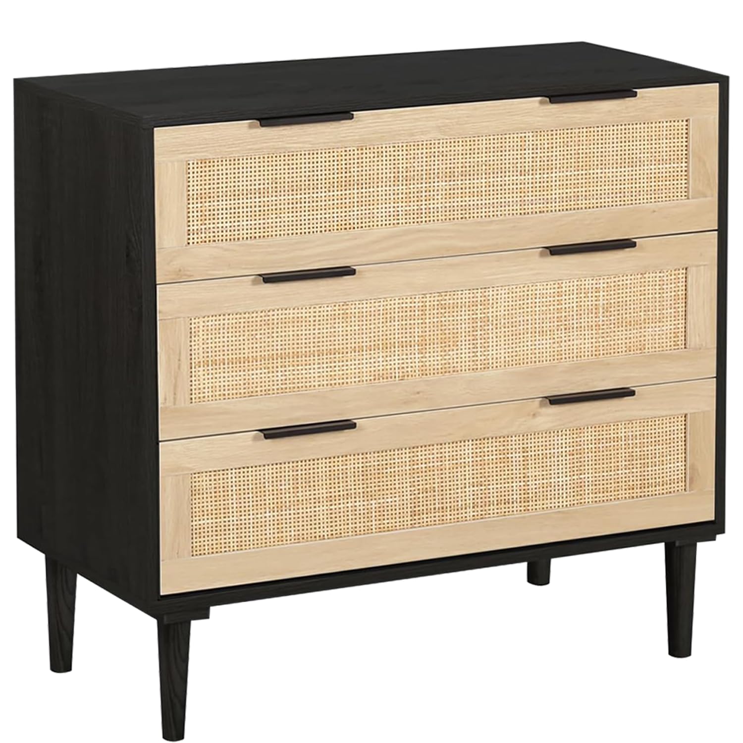 HOPUBUY 3 Drawer, Rattan Dresser Modern Closet Dressers Chest of Drawers, Wood Black Storage Chest for Kids, Hallway, Living Room