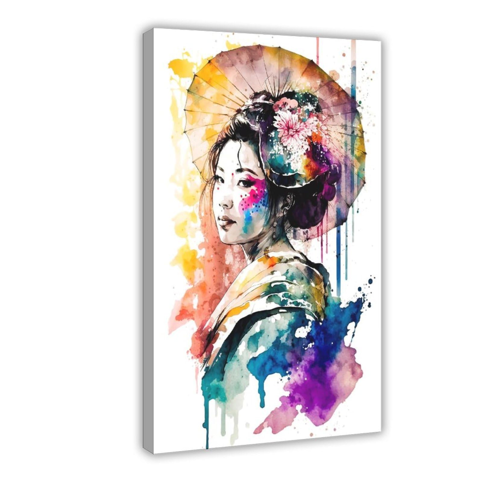 Qnvjqkdsi Frame Japanese Geisha Watercolor Art Poster (3) Canvas Poster Bedroom Decor Landscape Office Room Decor Gift 8" L X 12" W