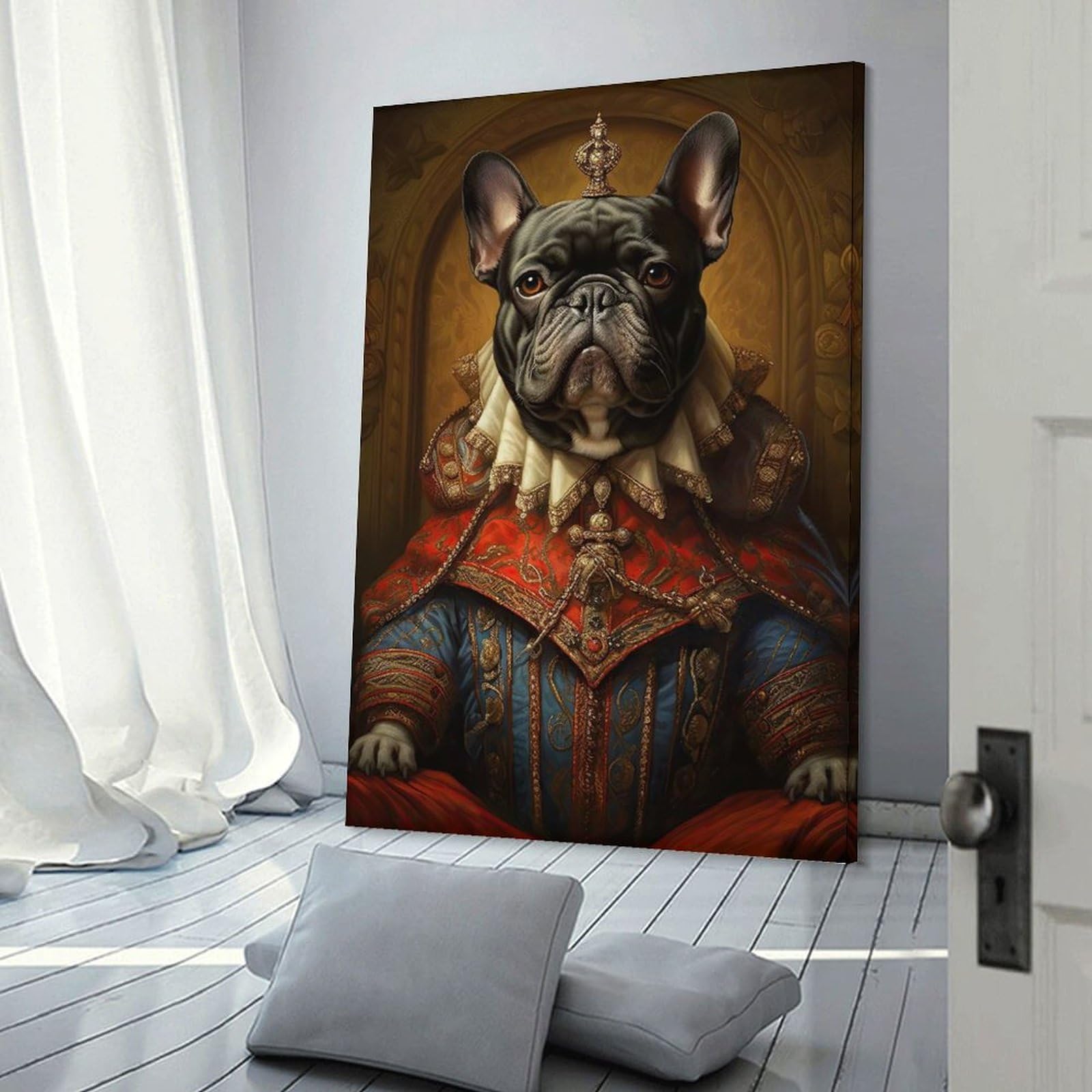 Junmoney Frame-Style-41 French Bulldog The King Wall Decor Canvas Print 16X24inch(40X60cm), For Lounge, Study, Hallway Or Flat Walls, Decorative Artwork With Broad Appeal