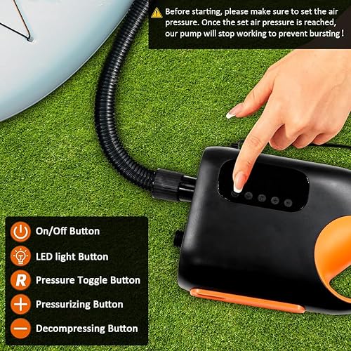 Miniatura 3 de Bomba de tabla de remo de 20 PSI, bomba de aire SUP eléctrica portátil, bomba de inflado y desinflado de doble etapa, bomba de paddleboard de 110 W