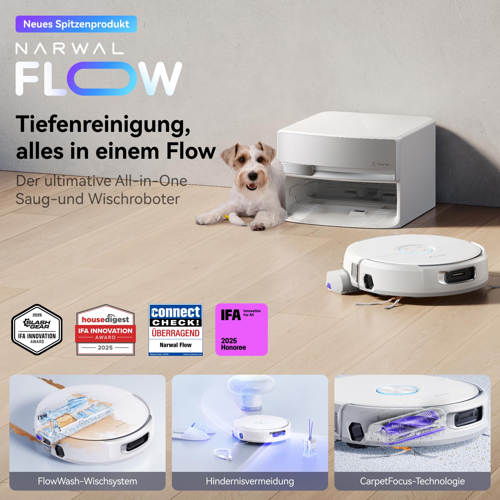 NARWAL Flow robot z kompaktową stacją 28cm i mopem szynowym | 22000Pa, pranie 80°C, suszenie 40°C, brak plątania, Carpet Focus, 2 kamery AI, 200+ obiektów, Freo Mind 4.0