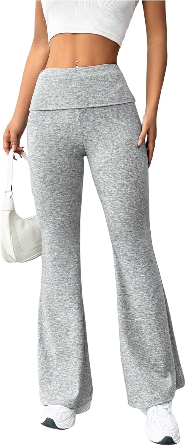 Women's Flare Pants Fold Over High Waisted Stretchy Yoga Gym Leggings Bell Bottoms