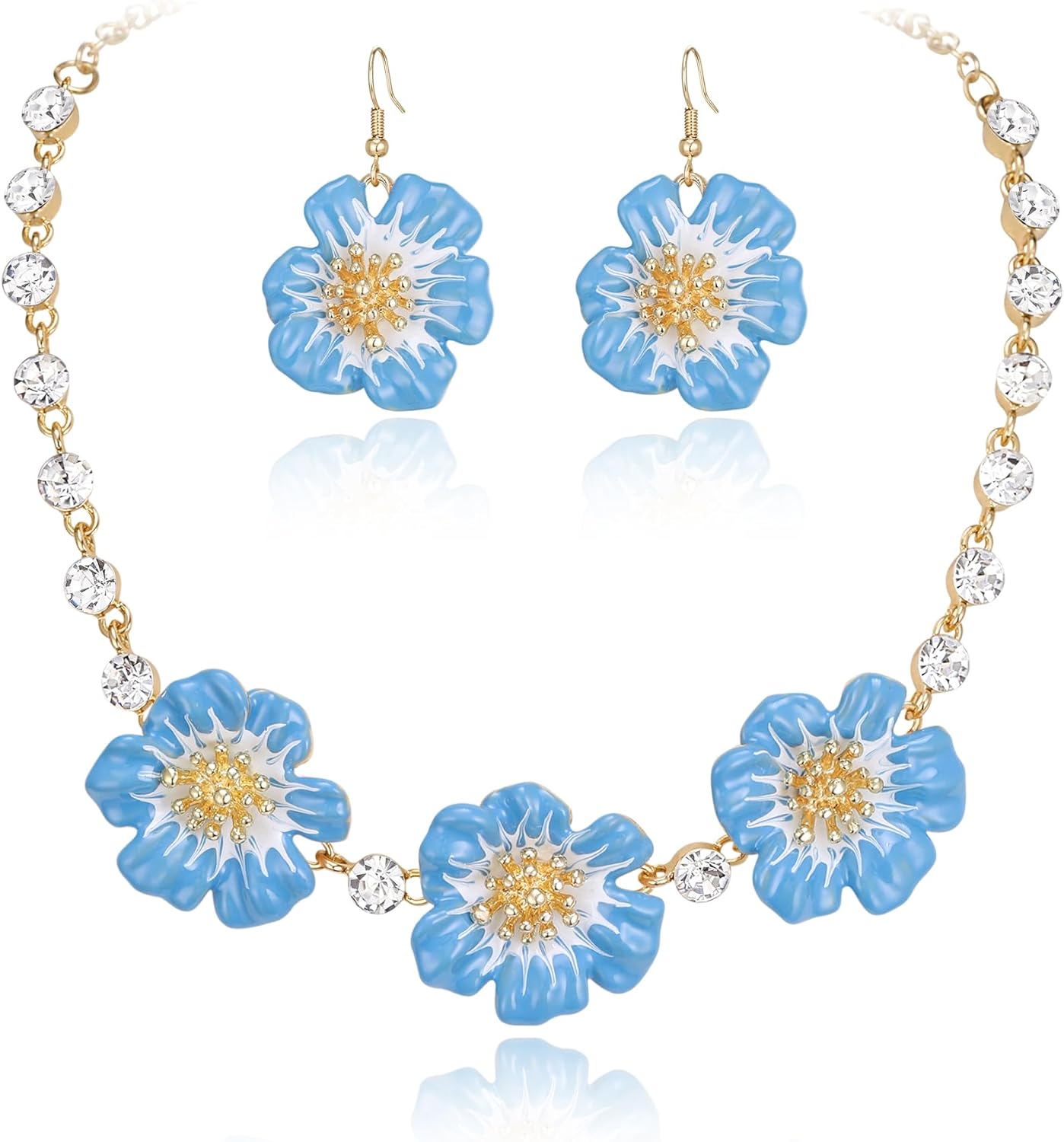 BriLove Shiny Bling Rhinestones Enamel Flower Statement Collar Necklace Hook Dangle Earrings Set for Women Summer Beach Holiday Costume Prom Jewelry