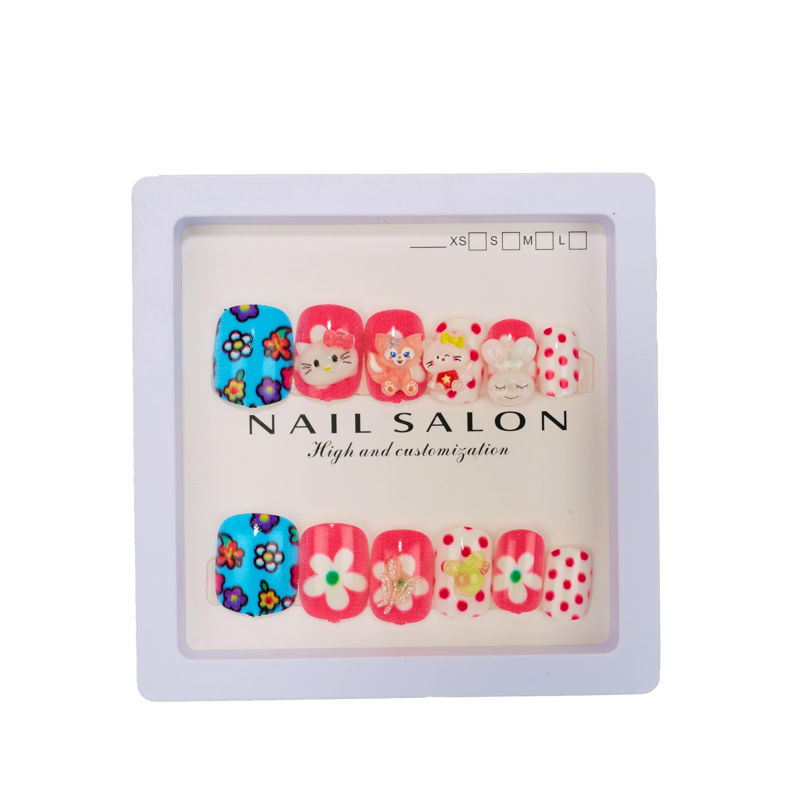 12 Pcs Artificial Nails for Kids Girls Women – Cute Cartoon & Floral Design Press On Fake Nails | Red & Blue Nail Art Set with Animal Print, Polka Dots & Adhesive Tabs | Stick On Nails for Party, Birthday, Dress-Up Play