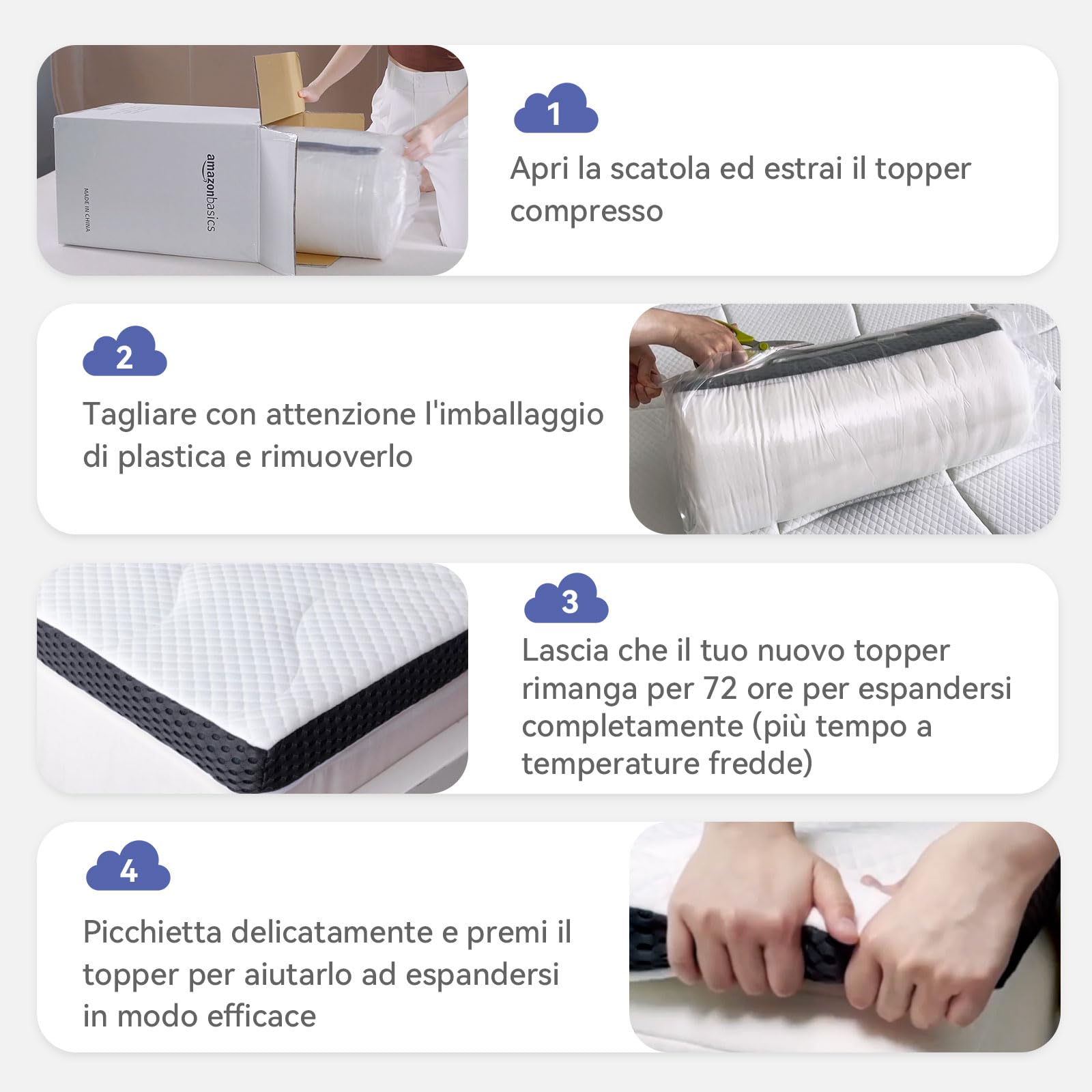 Amazon Basics Topper Piazze Francese 140 x 190 cm in Memory Foam con Gel Rinfrescante, 7 cm Coprimaterasso, Bianco