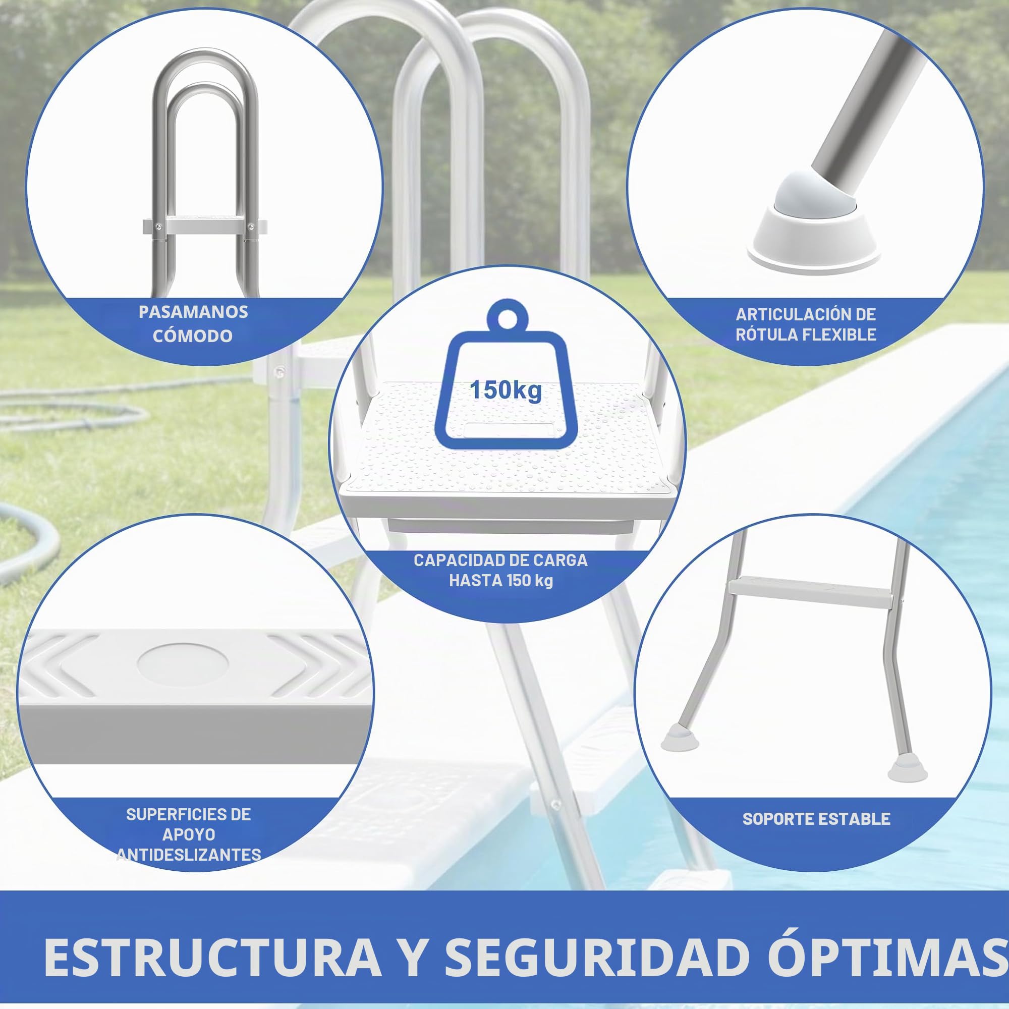 Escalera para piscina de 3 escalones fabricada en acero inoxidable 304, escalera antideslizante para piscina, ayuda de entrada móvil para piscinas parcialmente empotradas con una profundidad