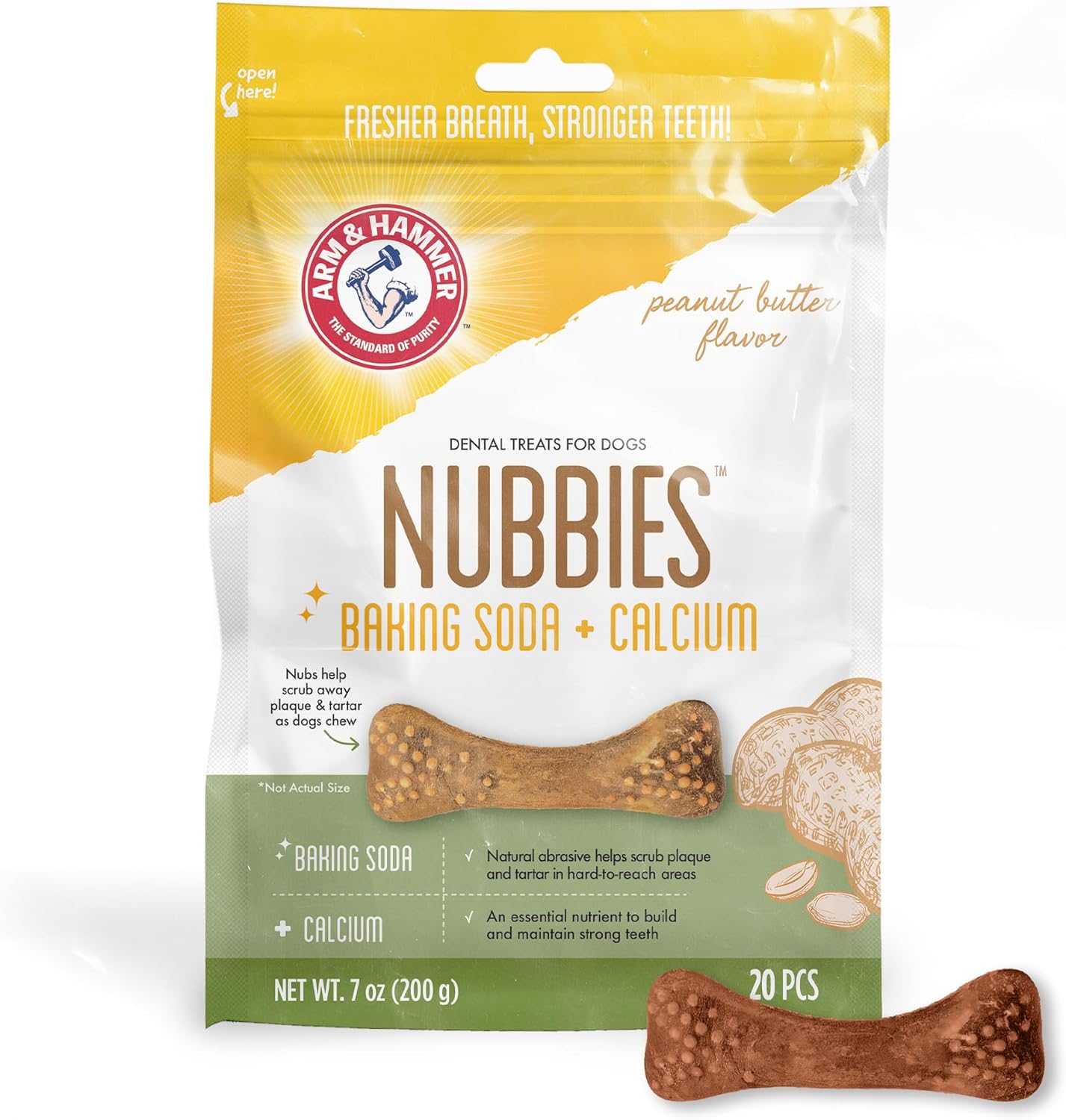 Arm & Hammer for Pets Nubbies Dental Treats for Dogs with Baking Soda and Calcium, Treat Chews Help Fight Bad Breath, Plaque & Tartar without Brushing, Peanut Butter, 20 Pcs (Packaging may vary)