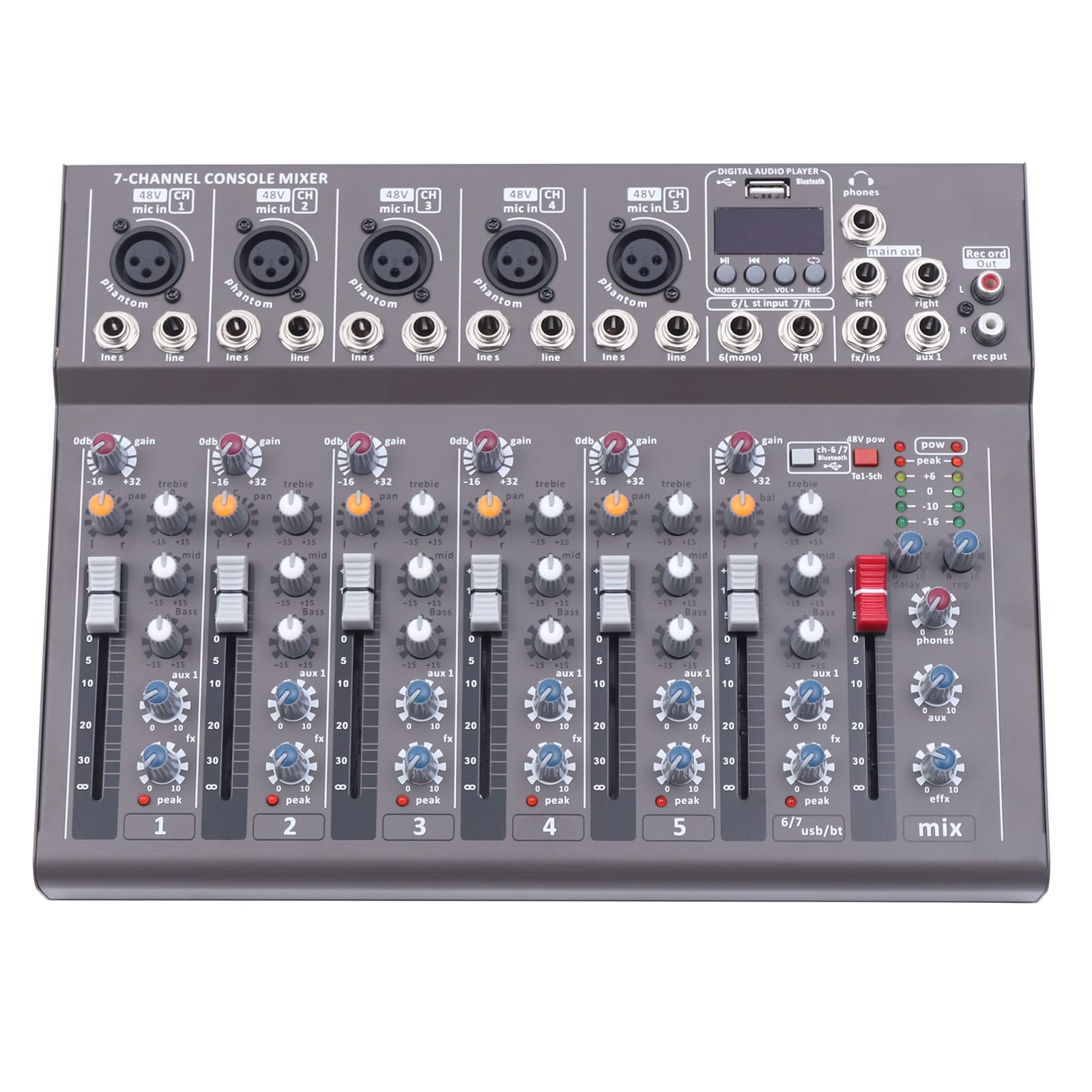 7-Channel Bluetooth Studio Audio Mixer - DJ Sound Controller Interface with USB Drive for PC Recordi