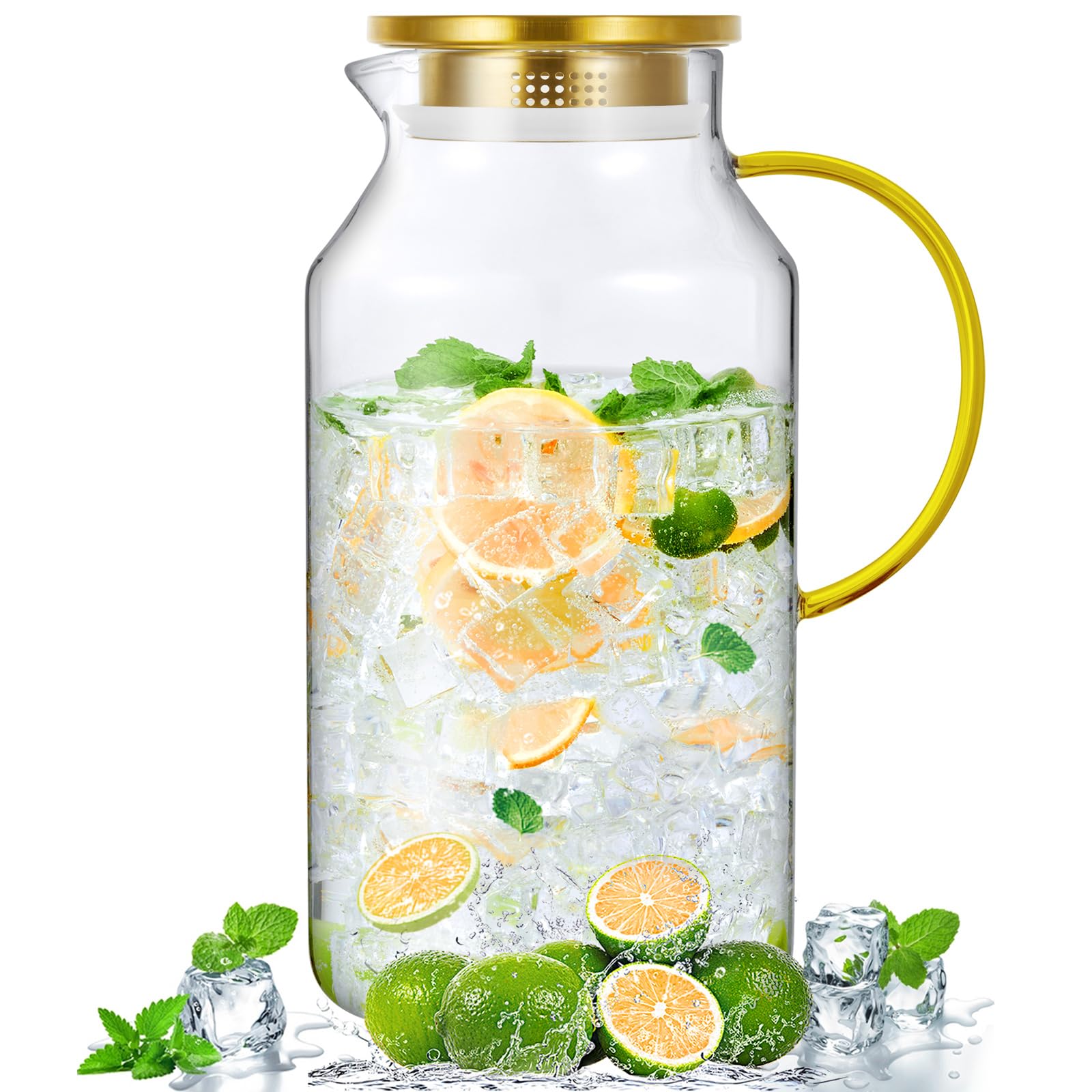 Bivvclaz 1 Gallon Gold Glass Pitcher with Lid and Handle, Water Pitcher for Fridge, Glass Carafe for Hot/Cold Water, Large Iced Tea Jug for Coffee, Juice and Homemade Beverage