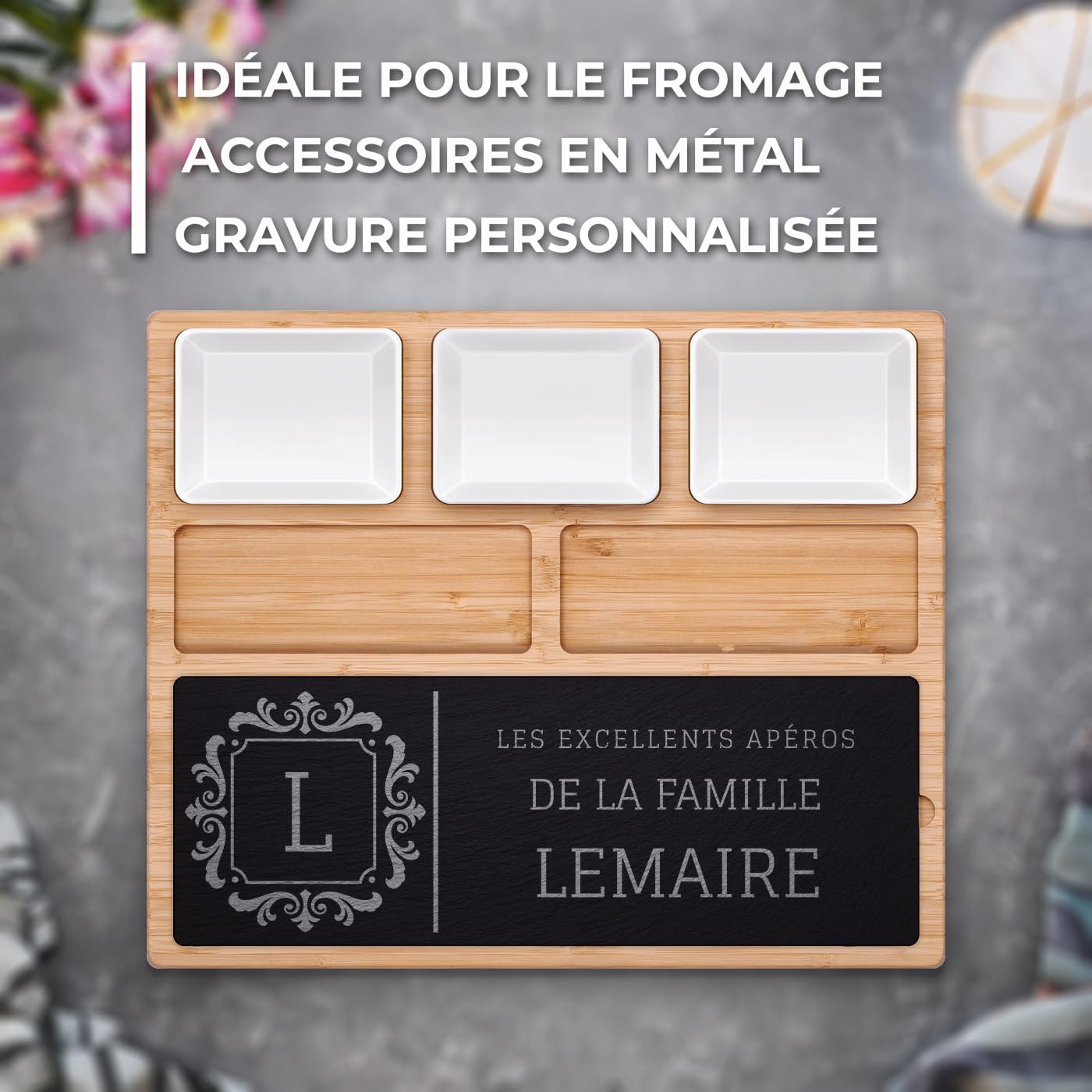 Maverton Planche à Fromage Personnalisée Cadeau Couple - Plateau de charcuterie avec Accessoires - Plateau Apero Gravé pour Parents - Cadeau Personnalisé pour mariés pour mariage/Noël/noces - apéro