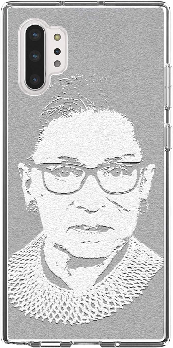 DistinctInk Clear Shockproof Hybrid Case for Samsung Galaxy Note 10 Plus (6.8" Screen) - TPU Bumper, Acrylic Back, Tempered Glass Screen Protector - Ruth Bader Ginsburg Cartoon - RIP RBG