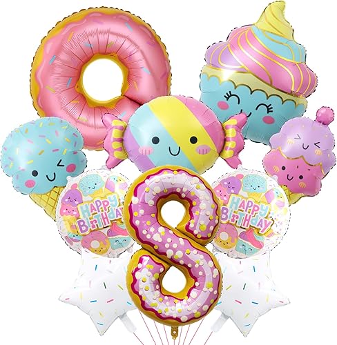 10 globos de helado, dona de helado, caramelo, número de cumpleaños, globo de papel de aluminio de mylar, tema de helado, suministros de fiesta de