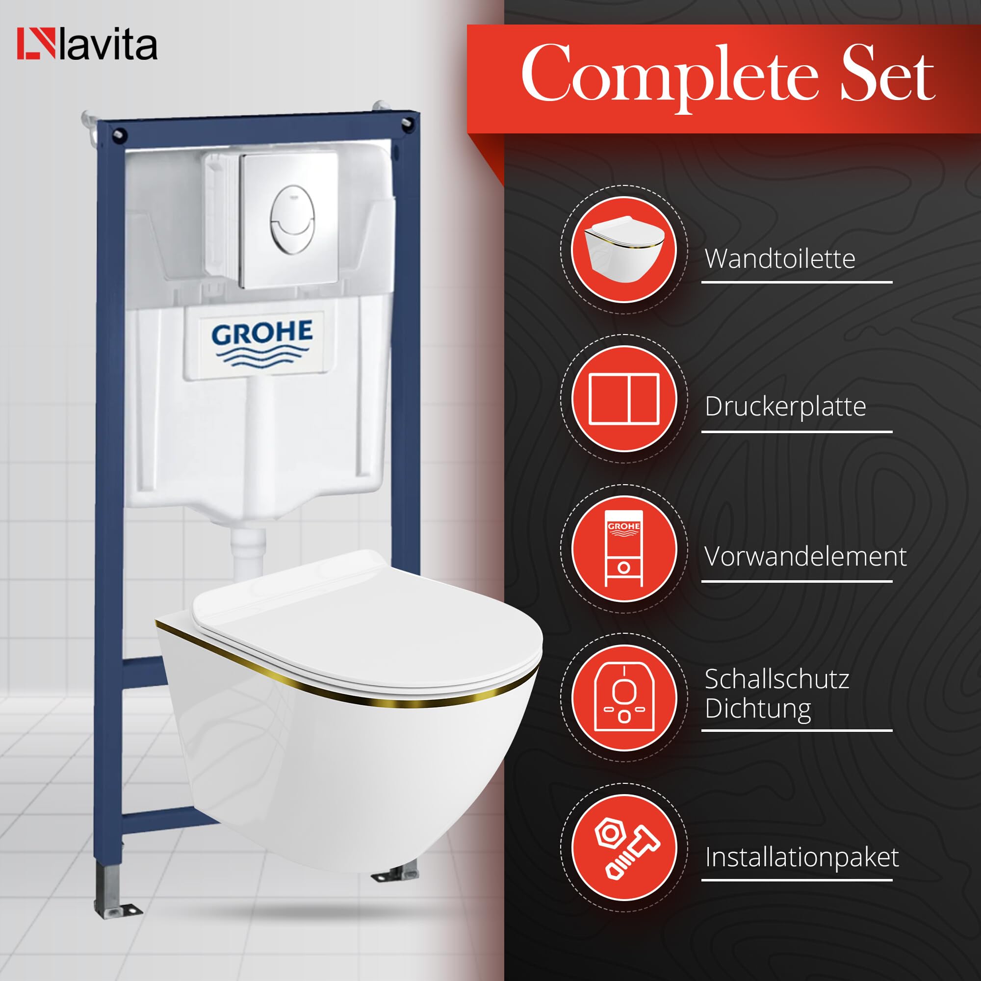 Lavita Vorwandelement Solido Start + Wand Hänge WC Sofi Slim Gold Line Spülrandlos + WC Sitz mit Absenkautomatik Verchromter Knopf Komplettset Unterputz Spülkasten Toilette Komplett Sett WC