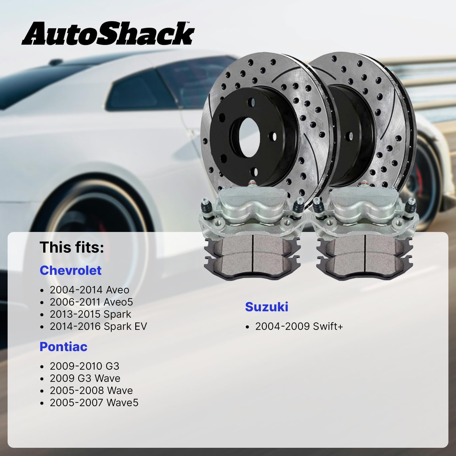 AutoShack Front Brake Rotors, Ceramic Pads & Calipers for Chevrolet, Spark 2013-2015 Aveo 2004-2011, FWD L4 1.2L 1.6L - E-Coated Drilled & Slotted - ShadowGuard - 10.04" (255 mm), 4-Lug