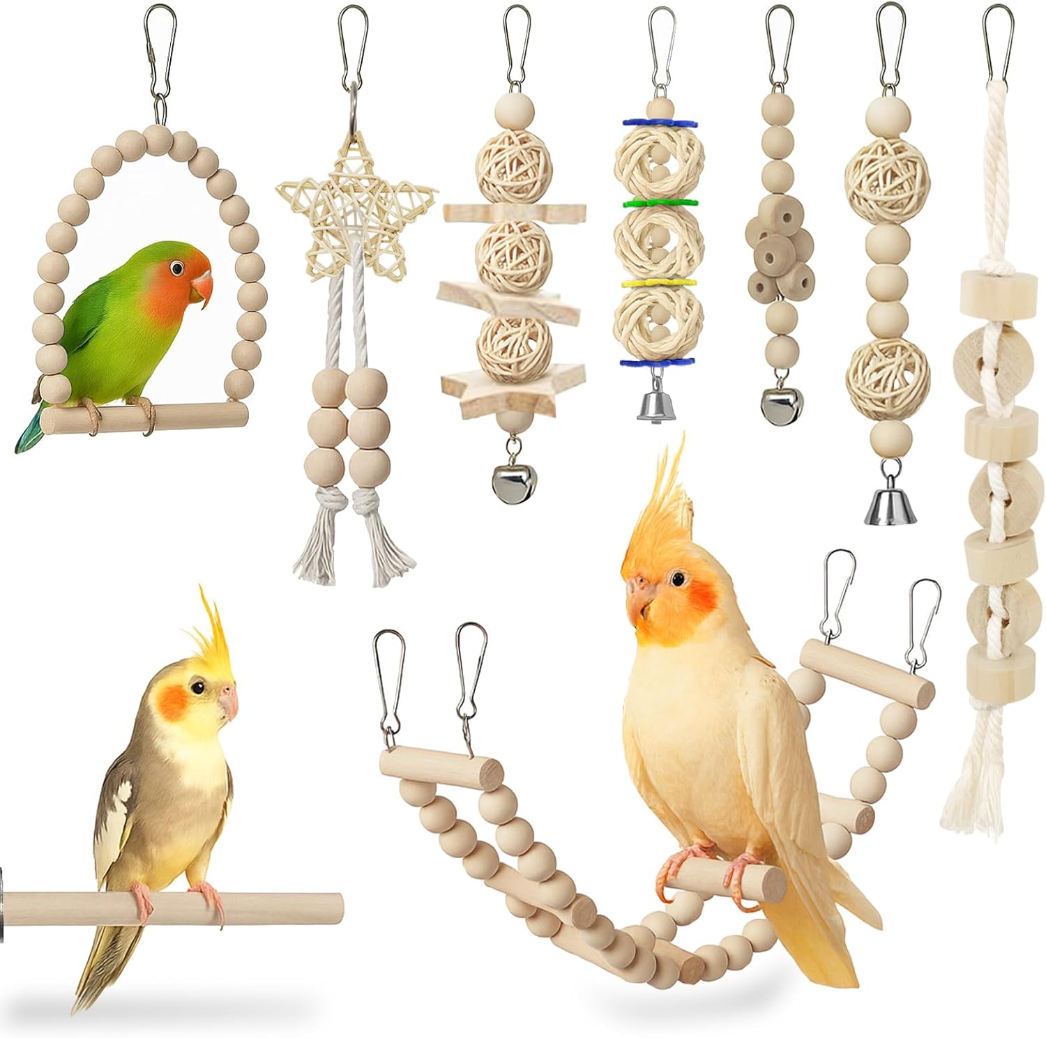 Jiaoshou Pan 9-teiliges Vogelspielzeug-Set, Papageienspielzeug aus Holz, Wellensittichspielzeug mit Schaukel, Leiter, Glocke und Kauspielzeug für Sittiche, Liebesvögel, Finken und Nymphensittiche (Holz) Jiaoshou Pan 9-teiliges Vogelspielzeug-Set, Papageienspielzeug aus Holz, Wellensittichspielzeug mit Schaukel, Leiter, Glocke und Kauspielzeug für Sittiche, Liebesvögel, Finken und Nymphensittiche (Holz)