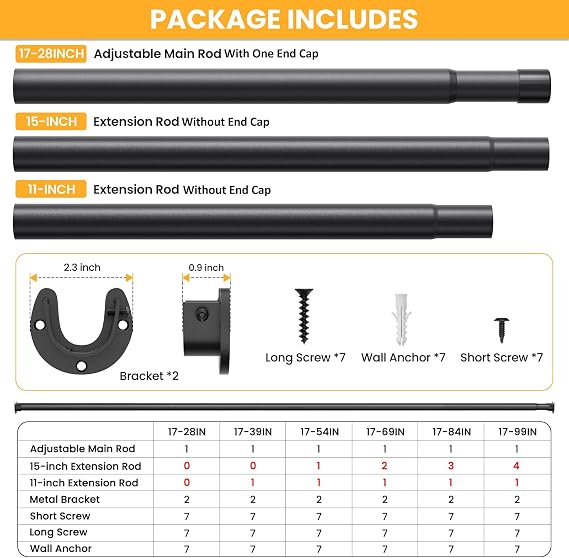 2 Pack Closet Rods for Hanging Clothes, 17-28 Inch No-Cut Stepless Adjustable Closet Rod, 1.3 Inch Heavy Duty Metal Closet Hanging Rod with Brackets, Closet Bar for Closet, Laundry Room, RV, Wardrobes