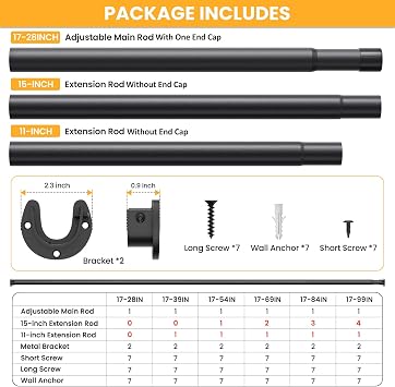 2 Pack Closet Rods for Hanging Clothes, 17-28 Inch No-Cut Stepless Adjustable Closet Rod, 1.3 Inch Heavy Duty Metal Closet Hanging Rod with Brackets, Closet Bar for Closet, Laundry Room, RV, Wardrobes