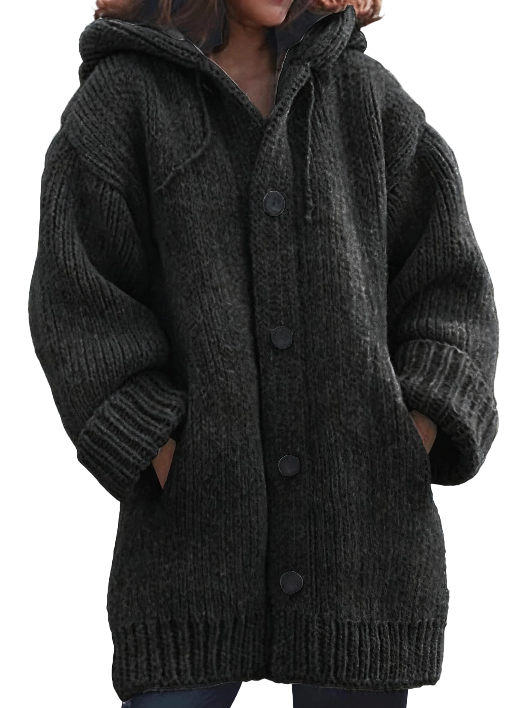 Womens Knitted Chunky Cardigan Hoodie Sweater Casual Long Sleeve Drawstring Button Down Coat with Pocket for Women