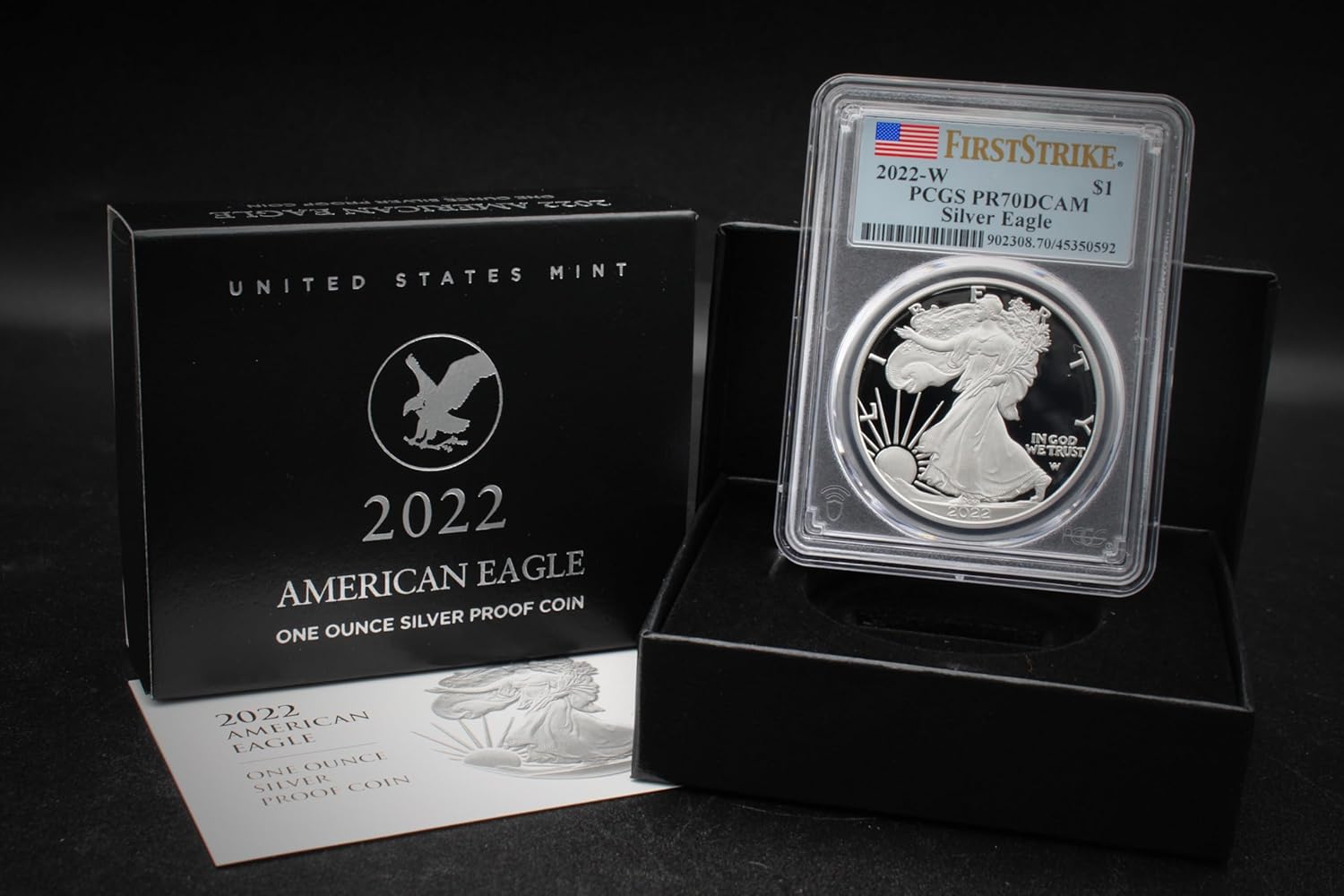 2022 W 1 oz Proof American Silver Eagle PR-70 Deep Cameo (First Strike - Flag Label) with Original Government Packaging $1 PCGS PR70DCAM