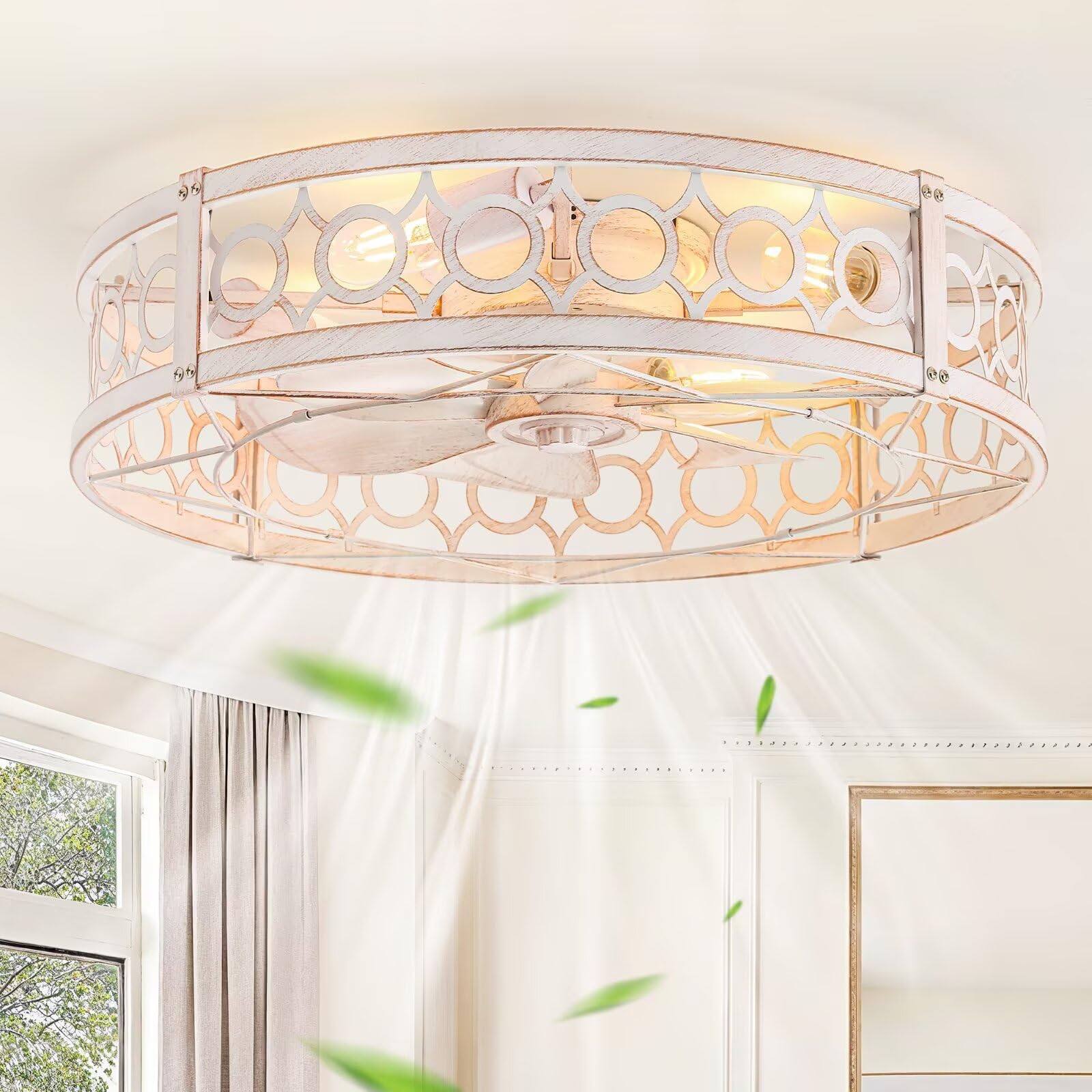 Photo 1 of ***MISSING HARDWARE**** LEDIARY Caged Flush Mount Ceiling Fans with Lights, 23 Inch Farmhouse Low Profile Ceiling Fan with Remote, Small Bladeless Fan Lights Ceiling Fixtures for Bedroom, Kitchen- White and Gold