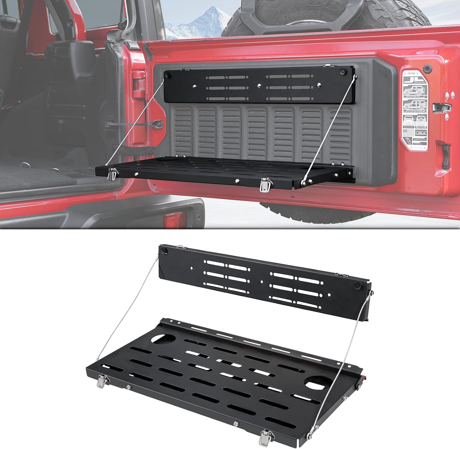 Rear Door Foldable Storage Cargo Rack Tailgate Table Compatible with 2007-2018 Jeep Wrangler JK 2&4 Door(Excludes JL & JT),Heavy-Duty Single-Layer Foldable| No Drilling| Water Drainage