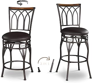 KATDANS Swivel Bar Stools Set of 2, 24/29 Inch Adjustable Seat Height Bar Stool with Back, PU Leather Kitchen Island Stools for Pub, Bistro, Restaurant, Brown Seat with Metal Base, KS902P