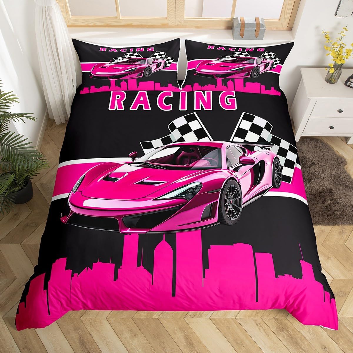 Erosebridal Girls Twin Size Racing Car Bed Set, Pink & Black Duvet Cover & 2 Pillowcases, Modern Sports Car Design