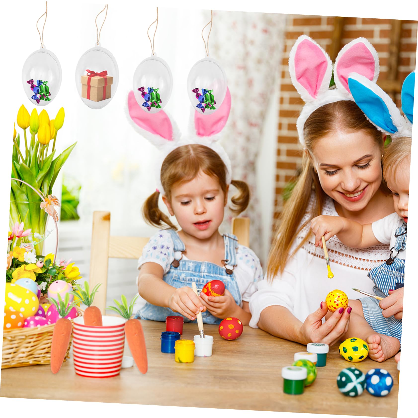 ABOOFAN Scatola per Uova di Pasqua in Plastica Trasparente 12 Pezzi Decorazioni Sospese e Cordino per Arredamento Casa e Feste