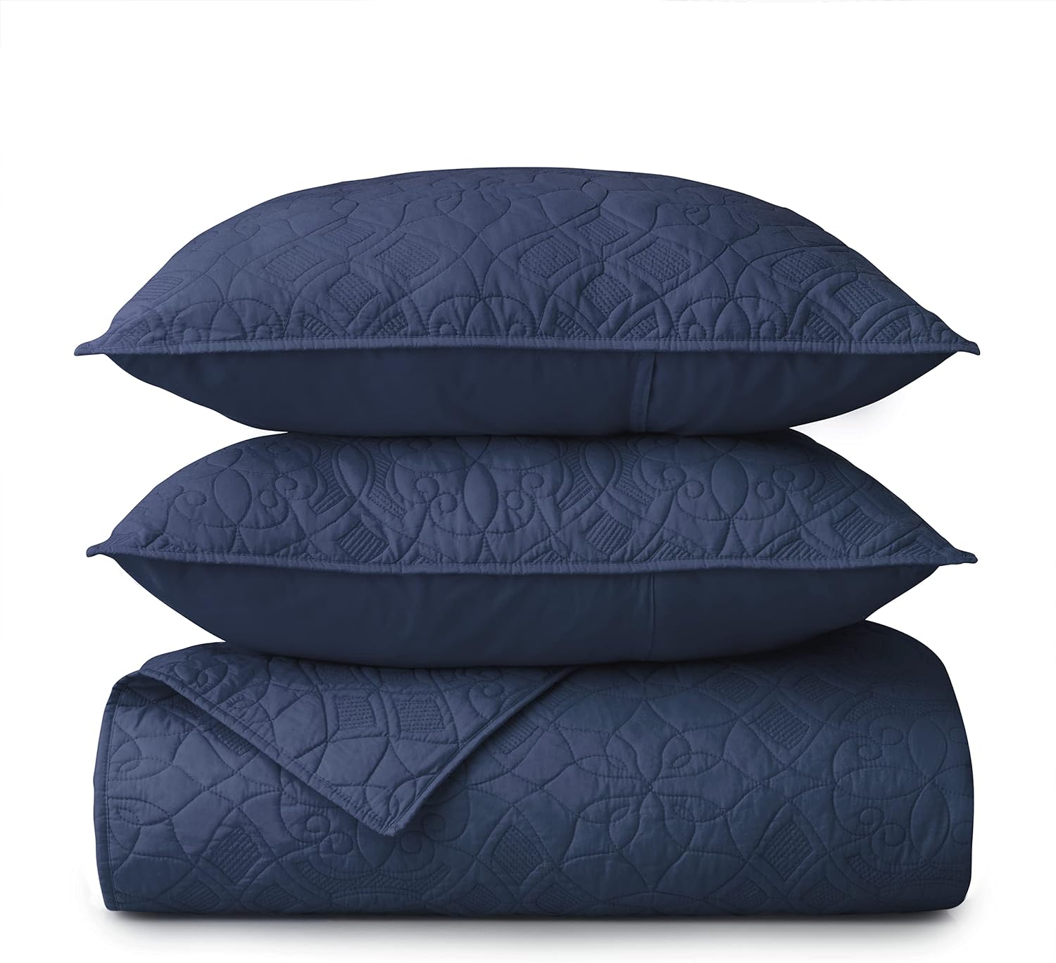 Welhome Aidan Cotton Percale Navy Blue Quilt Set with Pillowcase Covers - 3 Piece | Full Queen Quilt Size: 92” x 92” | Oversized Luxury Bedding | Lightweight | Soft Cooling Bedspread | All Season